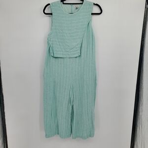 ♧ Court & Rowe Mint Green Striped Cropped Linen Blend Jumpsuit Size 8